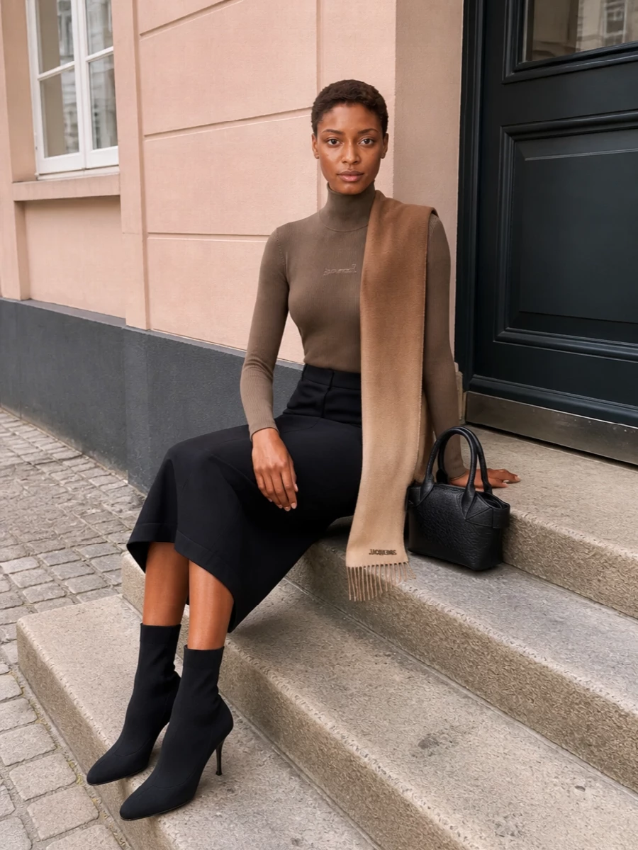 A fitted ribbed mock-neck and sharp black midi skirt create a clean, vertical line that feels quietly assertive rather than fussy. Black sock boots continue the column, adding height and a subtle edge. A structured black mini tote and ombré brown scarf keep everything in the Alexander Wang meets modern-Parisian universe, grounded, neutral and city-ready.