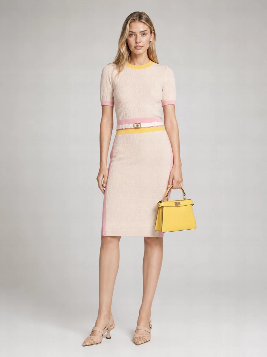 Fendi Silk Blend Color Block Jacquard Midi Straight Skirt