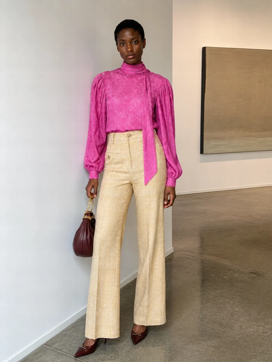Gucci rose pink blouse wide leg trousers outfit