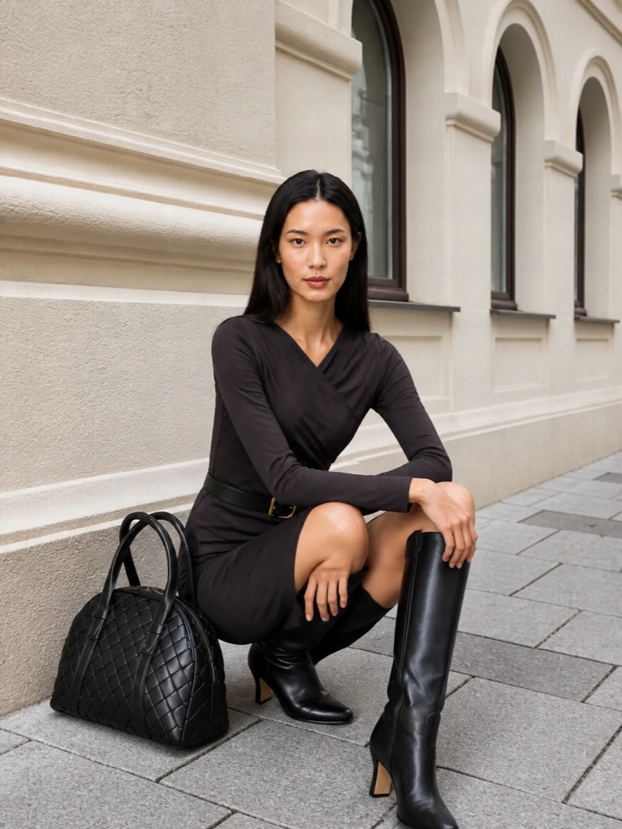 A deep charcoal column of a dress is sharpened with a cinched black waist and sleek knee boots, creating a precise, body-skimming line. The structured woven dome bag reinforces the tailored mood, keeping the palette quietly monochrome while the gold hardware adds just enough warmth for work-to-dinner evenings.