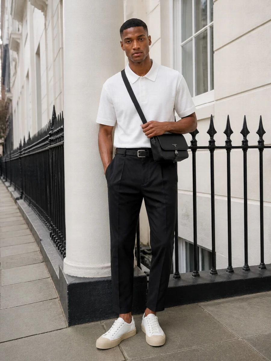 Marni black cropped trouser white polo prada bag