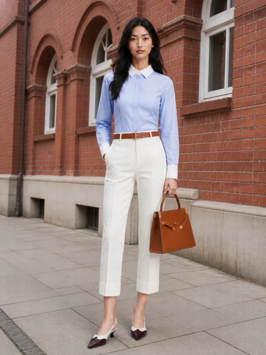 Tory burch shirt thom browne trouser outfit