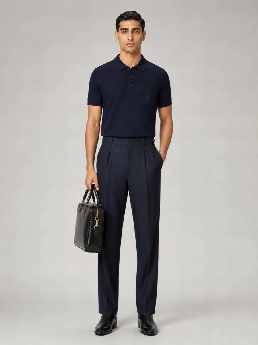 Midnight navy and deep tailoring create a clean Saint Laurent uniform that feels composed without trying too hard. The polo softens classic suiting lines, while the high-rise trouser and Chelsea boots keep everything long, sharp and quietly precise. A structured briefcase finishes it as a city-ready take on modern, minimal business dressing.