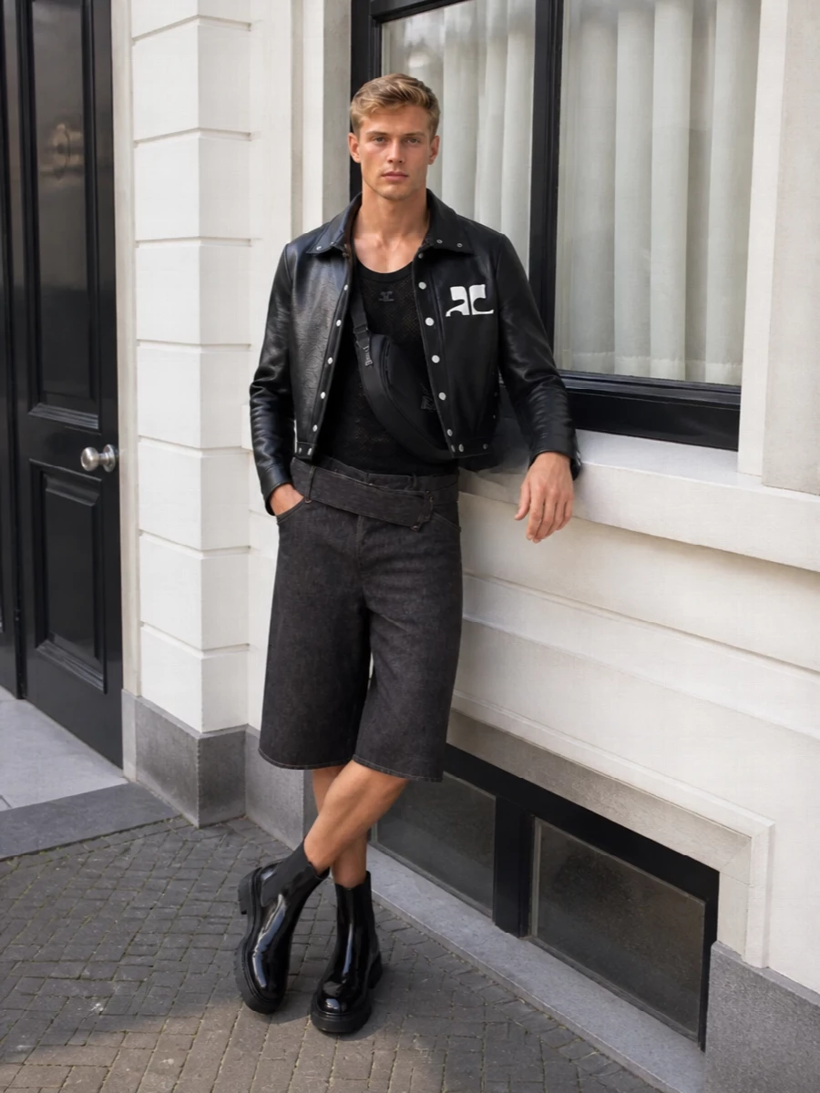 Courreges leather jacket denim shorts outfit