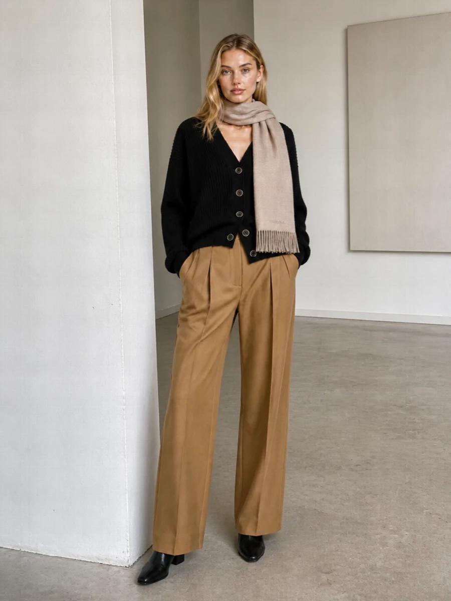 Uma wang cardigan the row camel trousers outfit