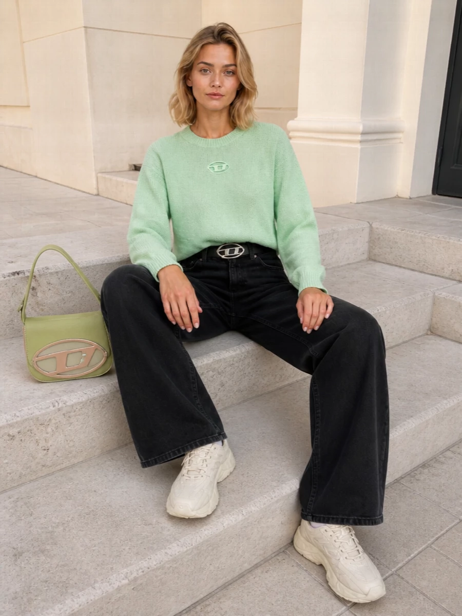 Diesel mint sweater black wide leg jeans outfit