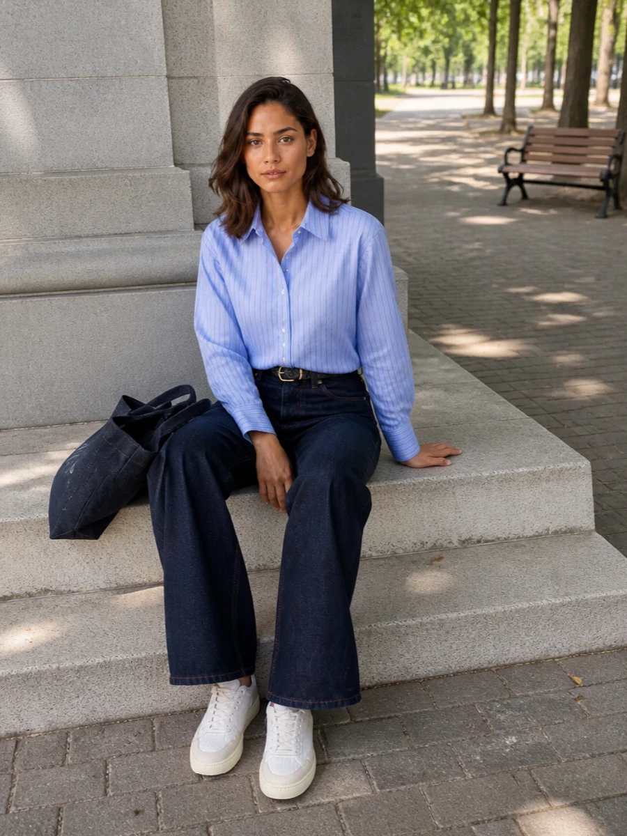 Anine bing striped shirt wide leg jeans sneakers