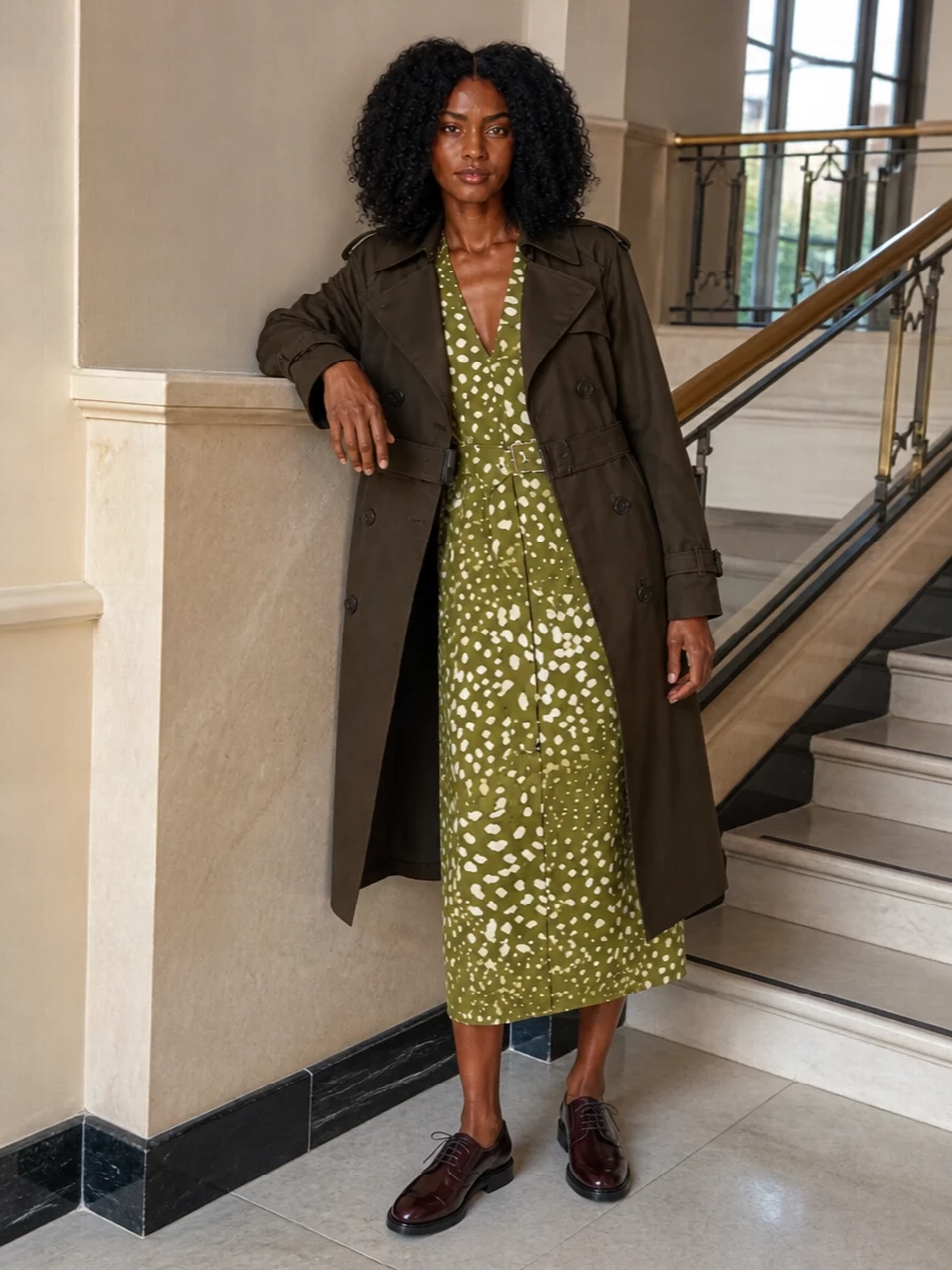 I am building around the Burberry trench with a dress rather than tailoring, as the sculpted Dries Van Noten midi gives a clearer hero layer under the coat and keeps the silhouette fluid instead of over-structured. The olive print, oxblood derbies and caramel tote stay within a deep, earthy neutral story, reading intelligent and modern rather than overtly romantic. The result is a city-ready, boardroom-to-dinner ensemble that feels quietly assured, with the trench as a cinematic shell around a strong, artful core.
