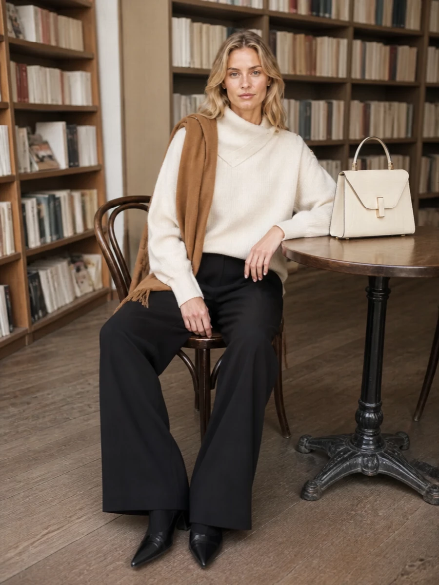 Sportmax ivory sweater black wide leg trousers