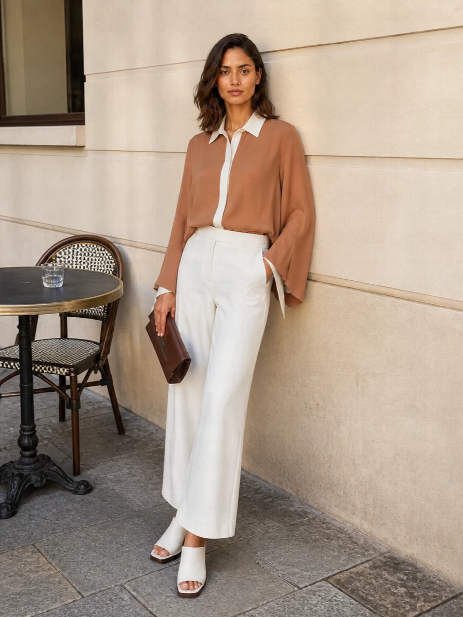 Max mara camel blouse ivory wide leg trousers