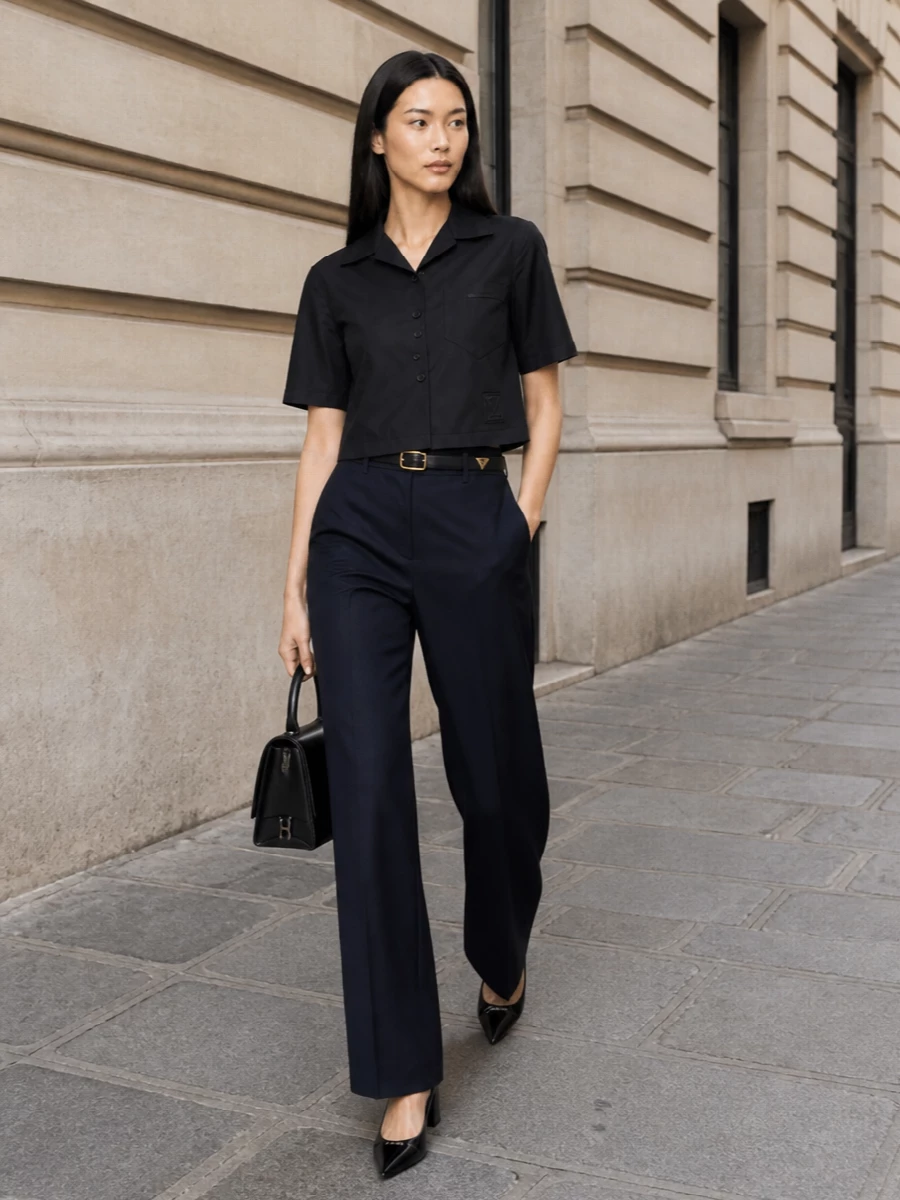 Prada camp shirt wide leg trousers outfit
