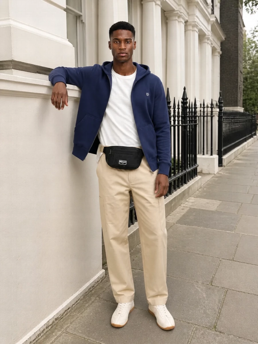 Kenzo navy hoodie outfit beige trousers