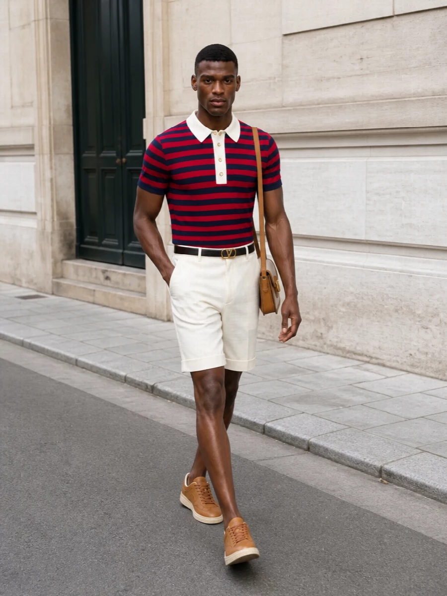 A navy-and-red striped knit polo is grounded with cream tailored shorts, letting the ivory collar and gold buttons feel sharp rather than sporty. Tan leather sneakers and a structured beige-and-cognac crossbody lean into warm neutrals, keeping the palette light and cohesive for summer city or coastal weekends. A slim reversible belt quietly finishes the look with just enough structure and a discreet nod to the hardware on the knit.