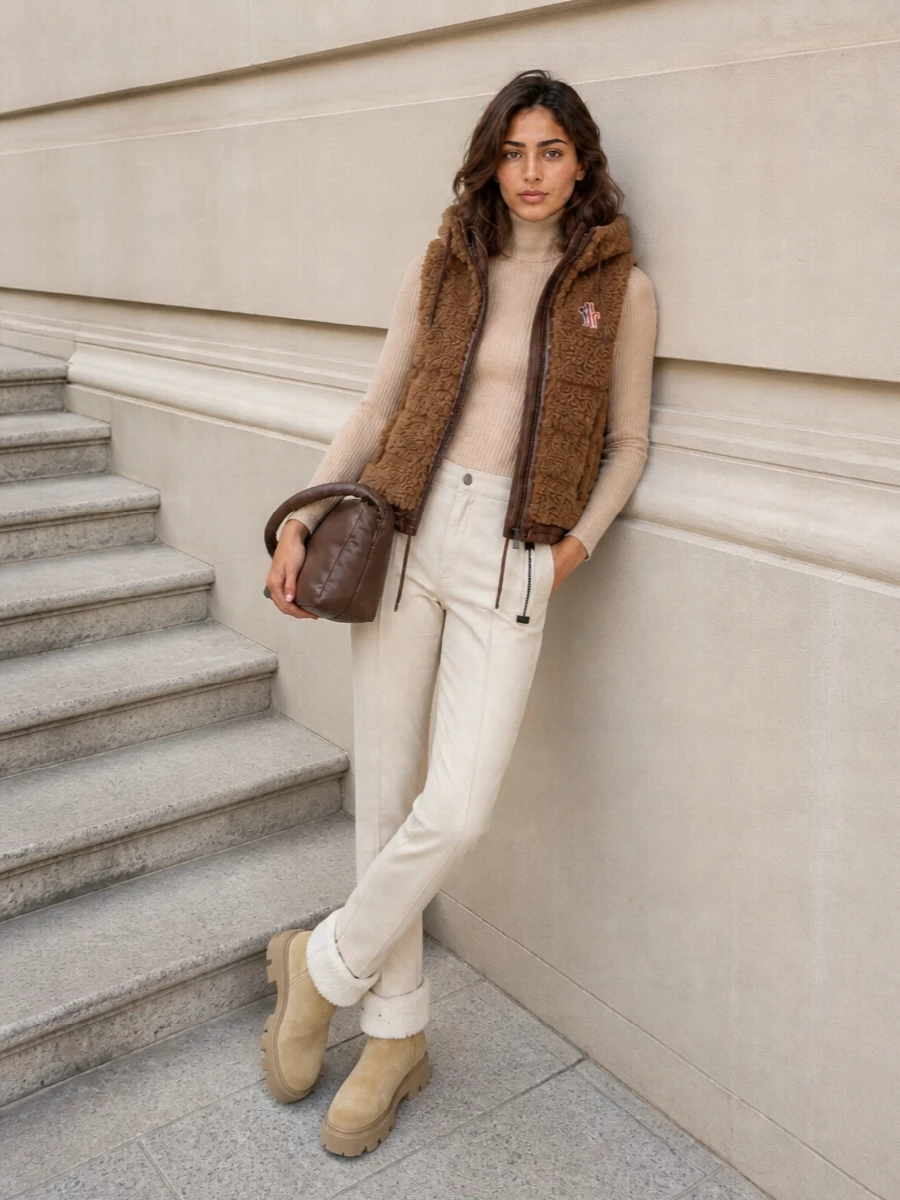 Moncler grenoble shearling gilet beige ski pants