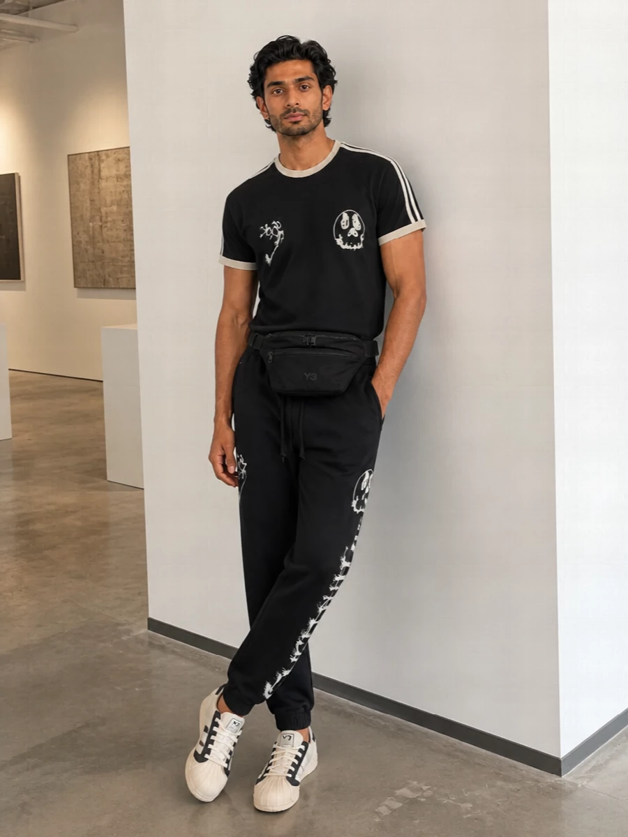 Y3 skull graphic tee joggers sneakers outfit