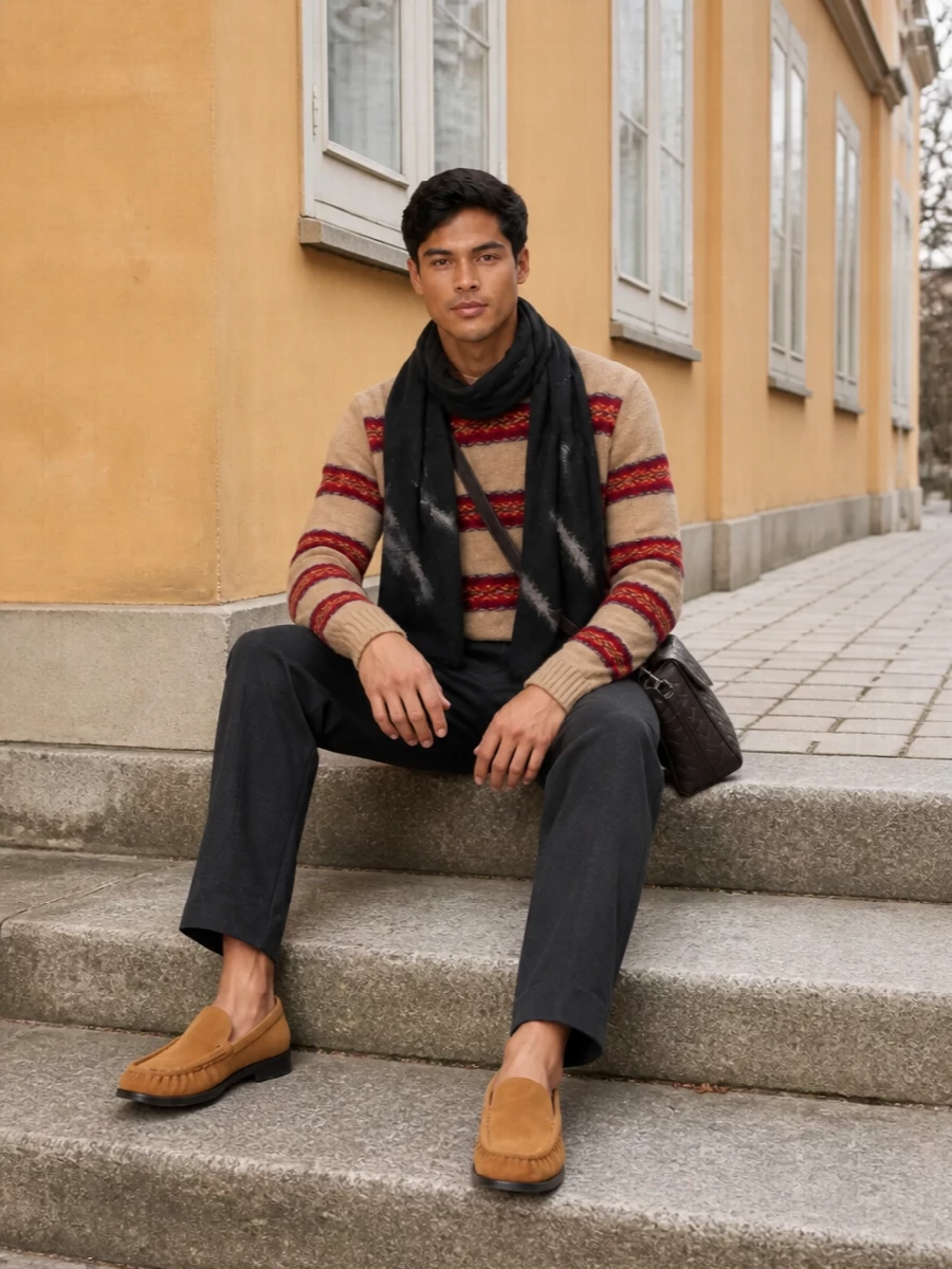 Dries striped sweater charcoal trousers outfit