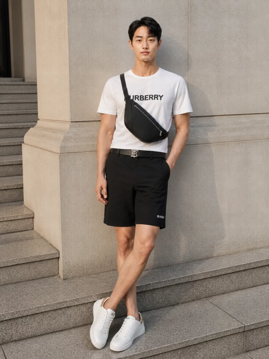 Burberry mens white logo t shirt black shorts