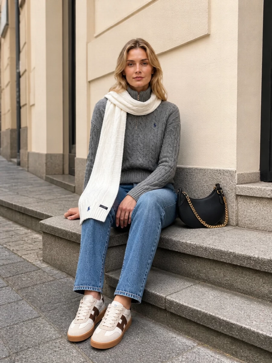 Heather-grey cable, sun-faded denim and cream sneakers keep the palette calm while still feeling fresh and modern. The cropped half-zip sits neatly over the straight-leg jean, so the whole silhouette reads clean, relaxed and intentionally preppy. A navy crescent bag and a soft ivory cable scarf pull in the logo details and add just enough structure for coffee runs, travel days or easy dinners.