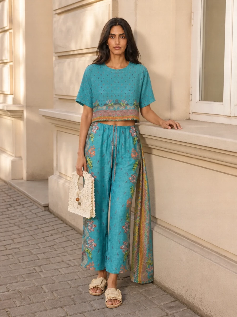 Head-to-toe Pierre Louis Mascia turquoise turns this into a soft statement, the cropped boxy top meeting its fluid matching trouser for an artful, scarf-like set. Natural raffia slides and an ivory crochet tote keep the mood sunlit and relaxed, grounding all that color in easy texture. A coordinating printed scarf, worn as a tie or in your hair, adds a final romantic note without disturbing the breezy silhouette.