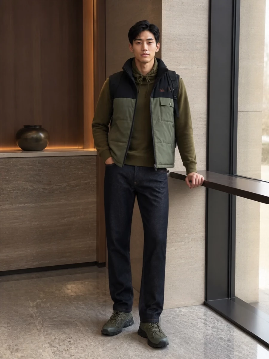 Apc gilet dark jeans new balance runners
