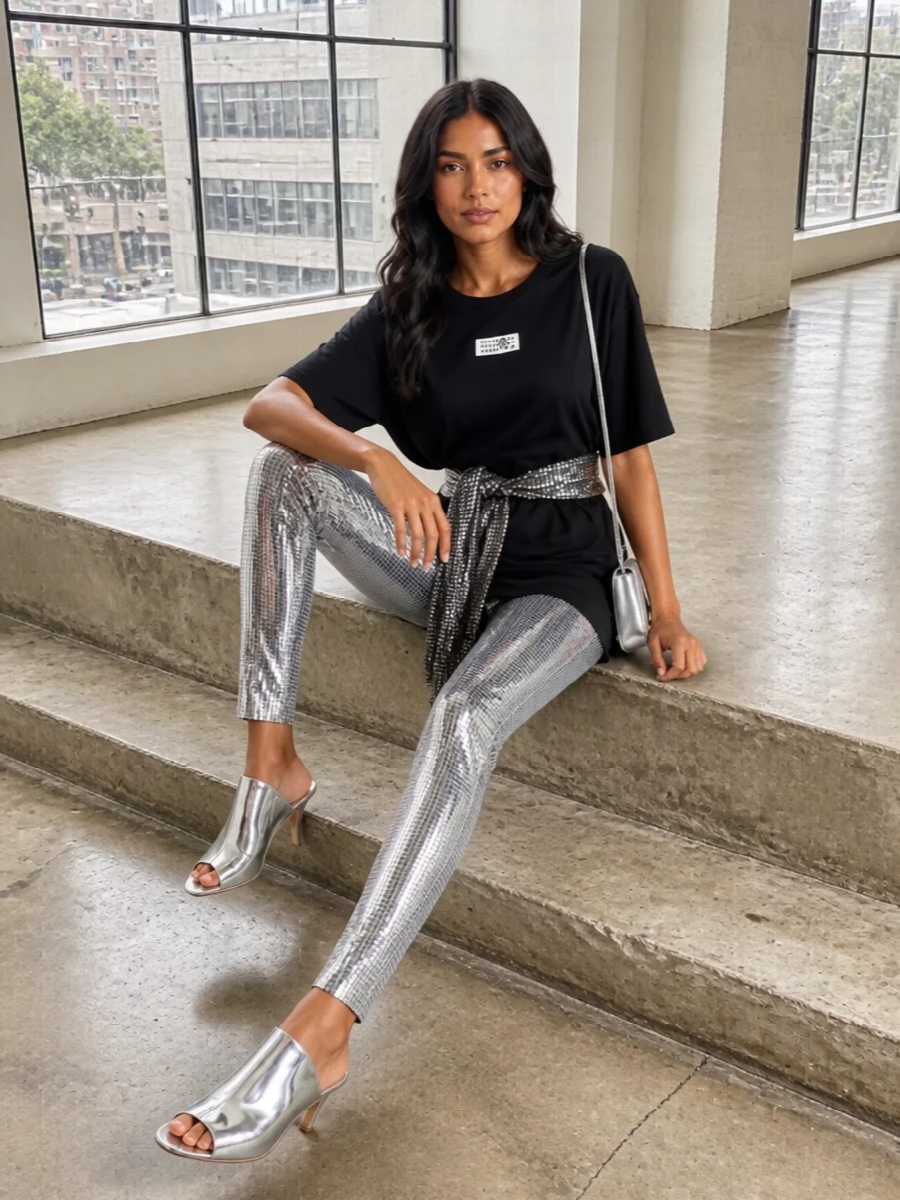 Head-to-toe Margiela silver turns the tee’s sequinned glove-belt into part of a full chrome story, balanced by the clean black jersey base. The skinny, high-rise leg and mid-heel mules keep everything long and lithe, while the compact metallic bag and slim belt just echo the shimmer rather than compete with it. It is a sharp, nightlife-ready take on streetwear that feels graphic, intentional and very Margiela-universe.