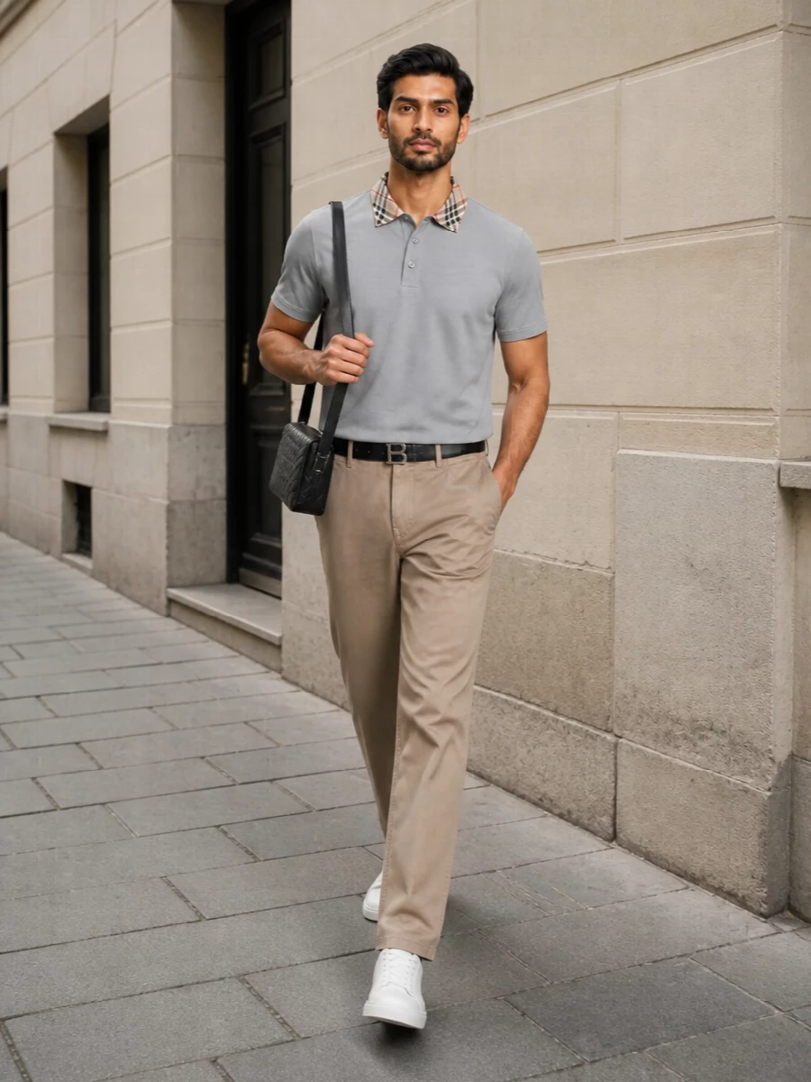 This look leans into Burberry’s quiet-luxury codes: the grey check-collar polo is grounded by softly structured taupe chinos for a smart, modern preppy silhouette. Clean white leather sneakers and a slim Burberry belt keep everything crisp yet understated, while a compact intrecciato crossbody adds a discreet, architectural touch of Italian craft. It’s an elevated everyday uniform that moves effortlessly from city day to casual dinner without ever feeling over-styled.