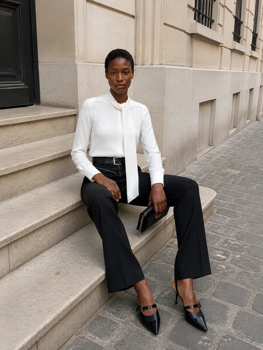 Alexander mcqueen black trousers ivory blouse outfit