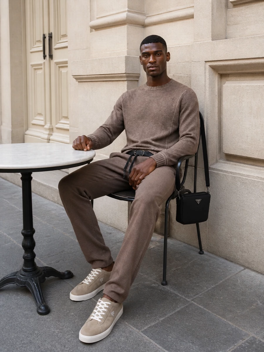 Giorgio armani taupe shorts prada sneakers outfit