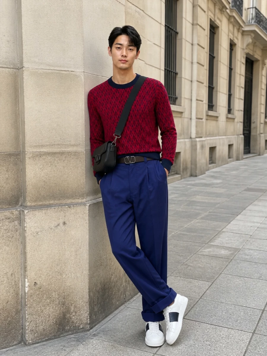 This look lets the deep red Valentino V jumper lead, grounding it with relaxed ink‑blue pleated trousers that echo the navy trim for a cohesive, quietly luxurious FW silhouette. White low-top sneakers with a navy band keep things modern and easy, while a compact black shoulder bag and a black‑to‑oxblood logo belt add refined structure and a discreet hit of hardware without challenging the knit’s graphic statement. It’s an elevated off-duty uniform that reads considered and unmistakably Valentino from brunch through late drinks.