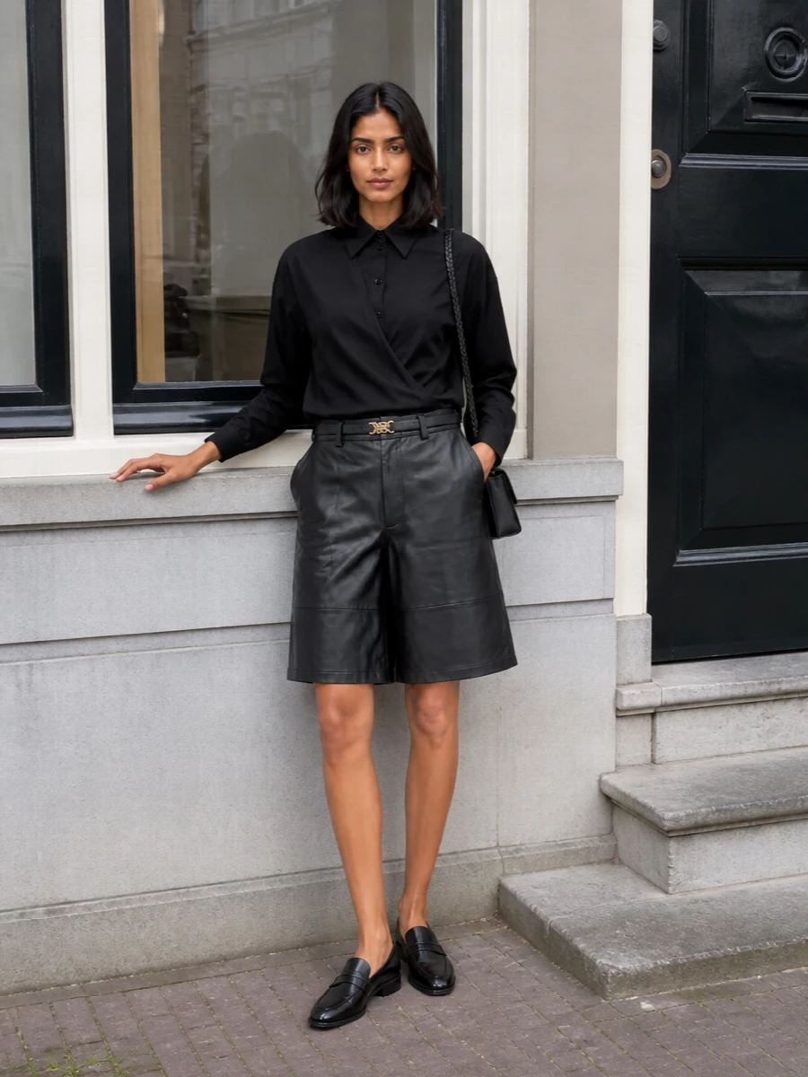 Lemaire black asymmetric shirt leather bermuda shorts