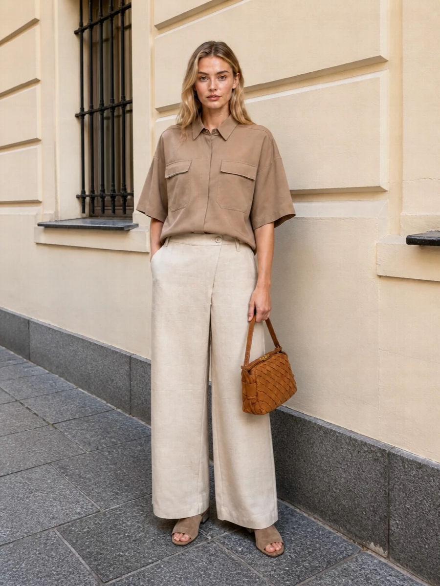 Camel utility shirt wide leg trousers outfit