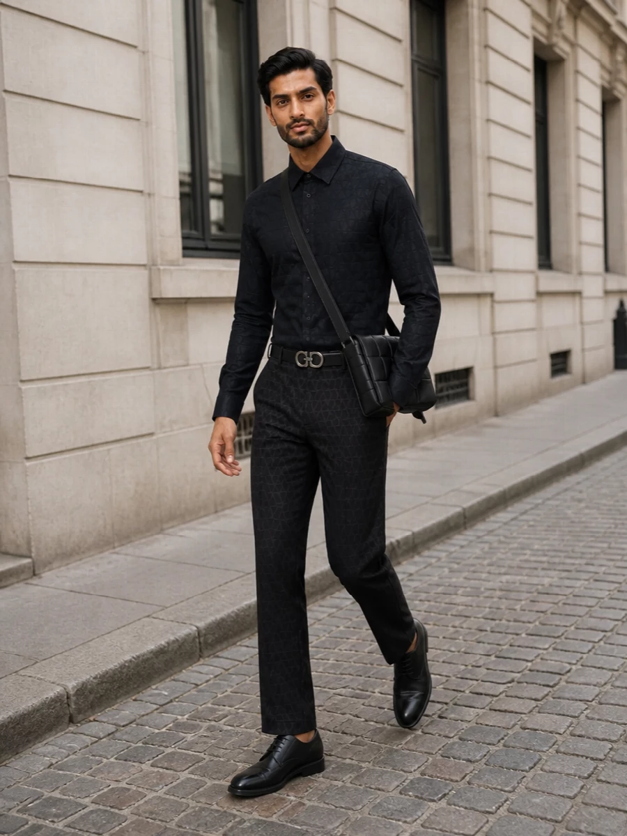 Valentino patterned trousers black shirt outfit