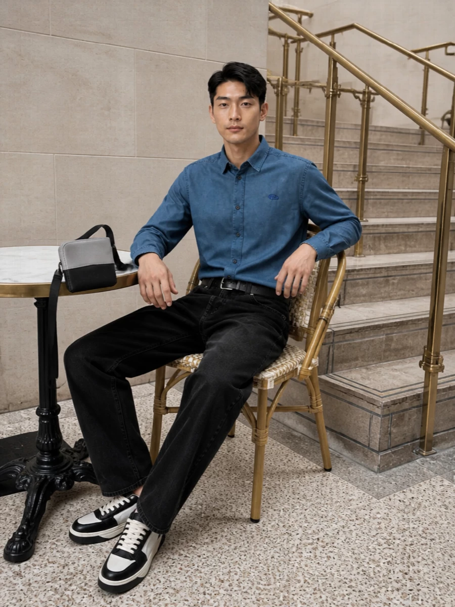 Diesel blue shirt black jeans sneakers outfit