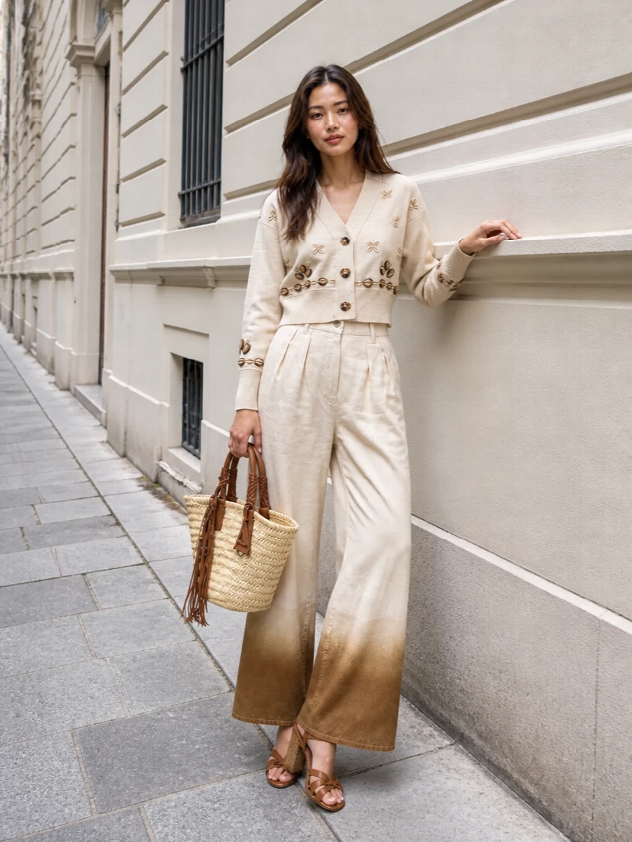 Alanui cardigan ombre wide leg trousers outfit