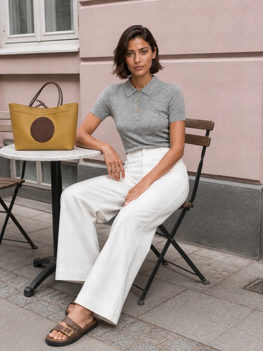 A cropped grey polo knit tucked into long, soft-white wide-leg trousers builds a clean, modern column around the mustard-and-chocolate tote. The neutral base keeps the bag as the focal point while the chocolate slide sandals quietly tie back to its logo, creating a polished yet relaxed warm-weather uniform. It feels preppy and understated, ideal for city days when you want ease with a subtle graphic accent of color at your side.