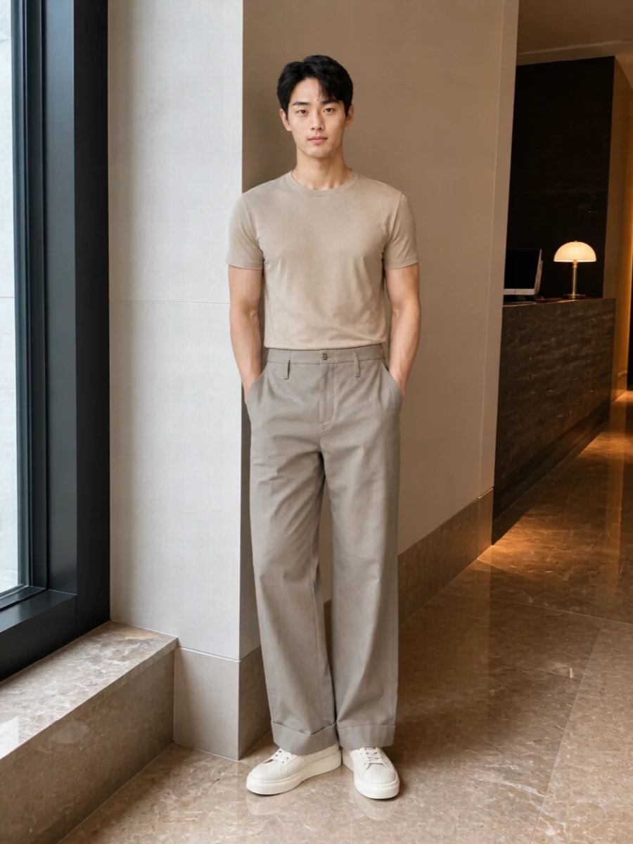 A sand Armani tee meets stone wide-leg McQueen trousers in a calm, tonal palette that feels precise but not formal. Cream McQueen sneakers keep the line relaxed and modern, while the structured black shoulder bag adds a quiet, architectural edge. The result is an easy, neutral uniform for city days when you want polish without stiffness.