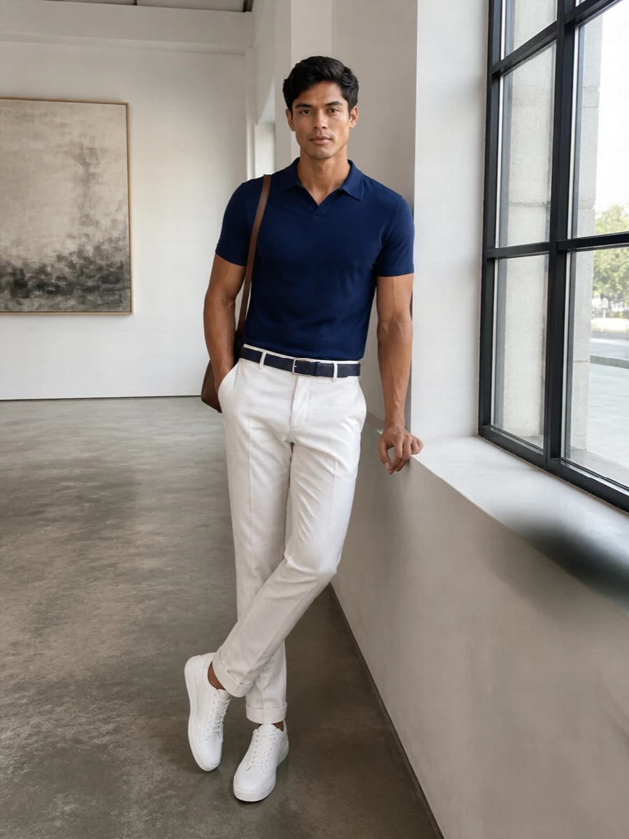Dondup navy polo off white chinos white sneakers