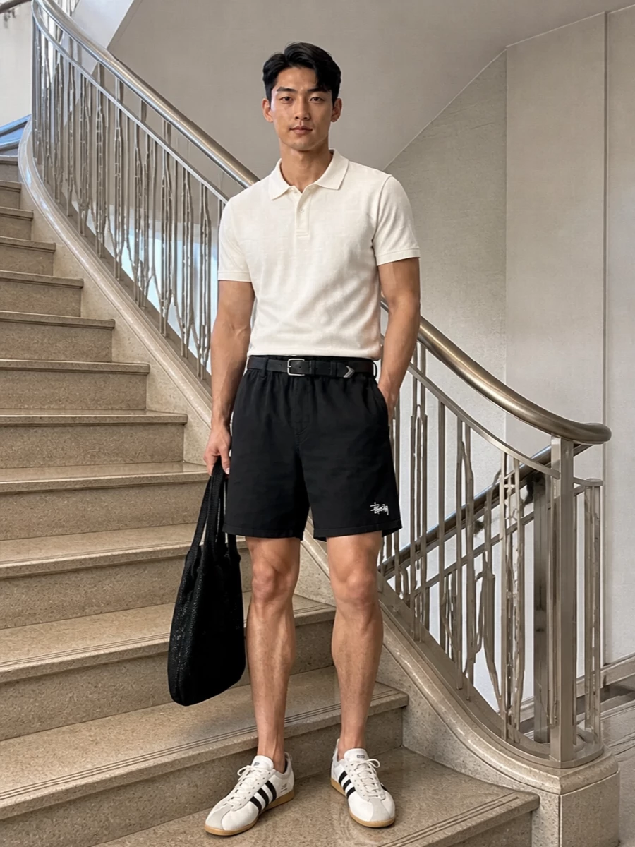 Stussy polo black shorts adidas sneakers outfit