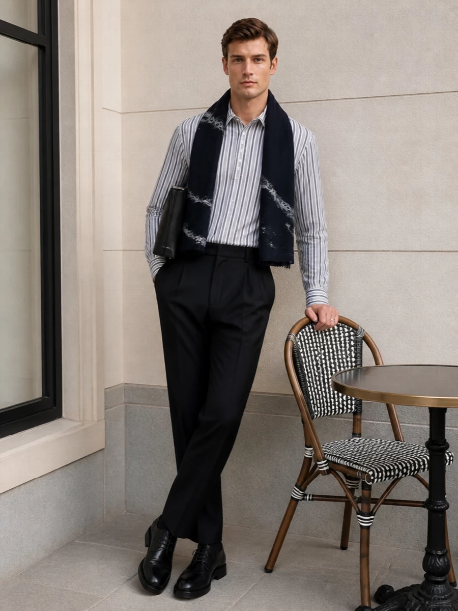 Dries striped shirt black pleated trousers