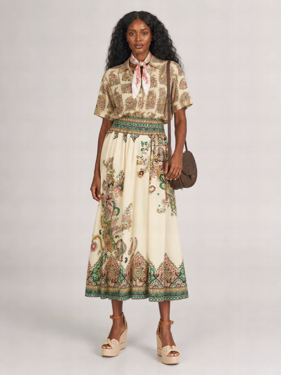 Etro Paisley Print Cotton Midi Pleated Skirt