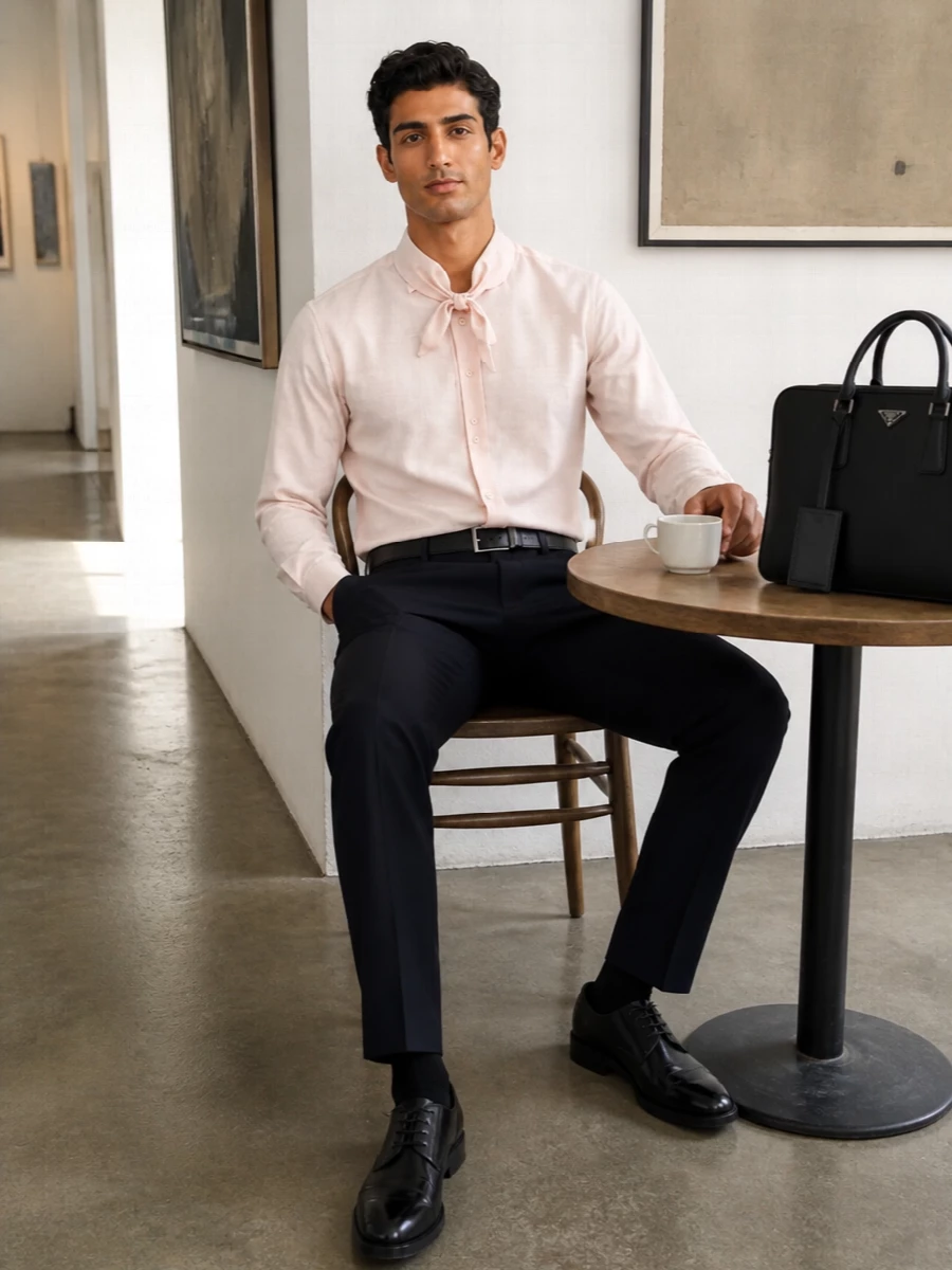 Prada blush shirt navy trousers black derby