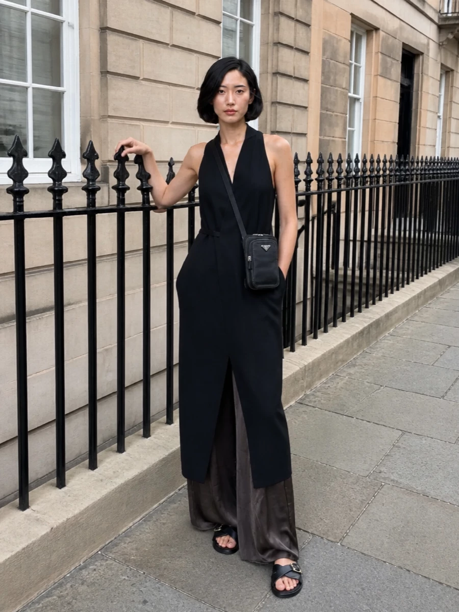 This pairing leans into a clean, elongated black column that lets the Prada crossbody read as intentional hardware rather than an afterthought. The Rick Owens midi brings sharp tailoring and real-world function with its belt and pockets, while the flat Ferragamo slides keep the mood modern, quiet and easy to actually move in. Together they create a city-ready evening outfit that feels powerful without shouting, ideal for long nights where you want both presence and comfort.