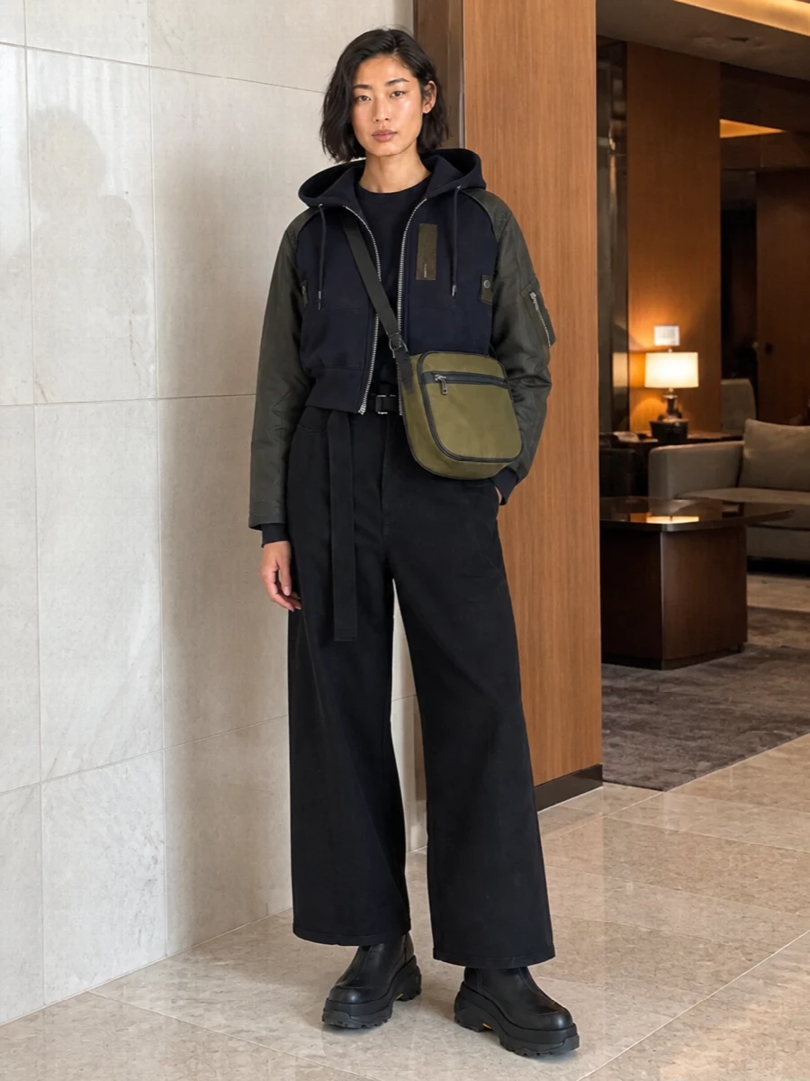 Sacai bomber wide leg trousers chunky boots