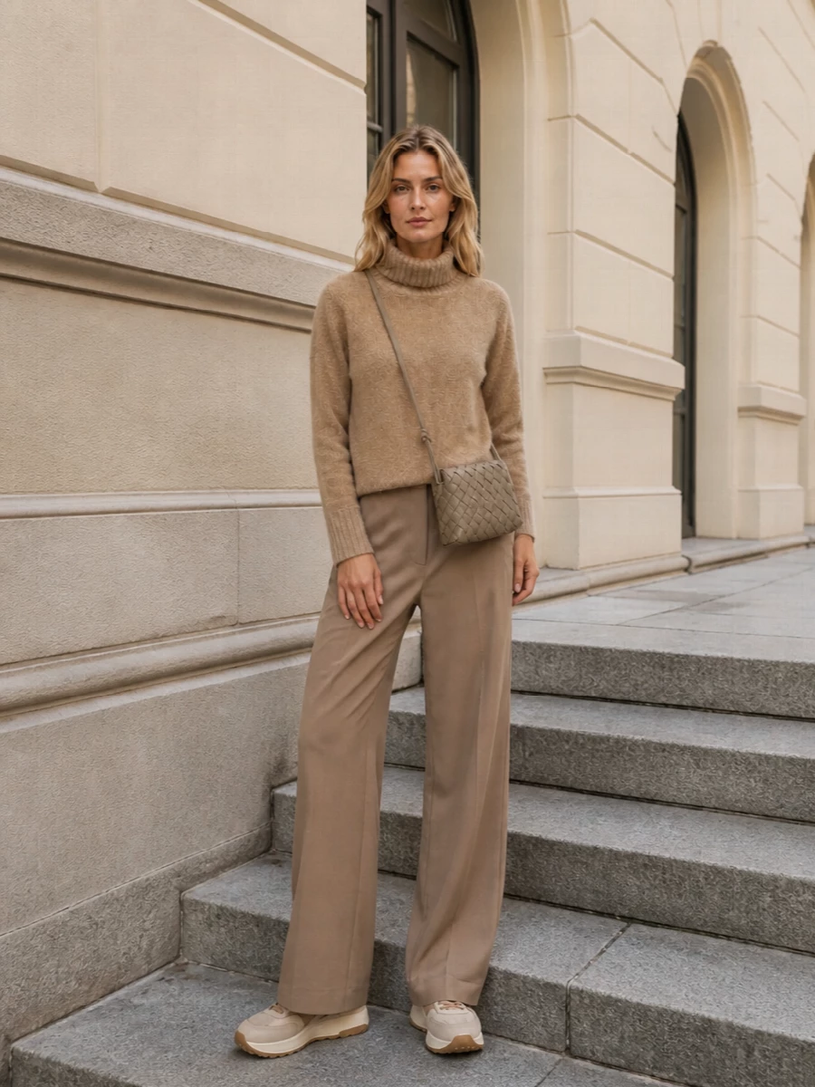 This is a tonal winter ensemble built around soft camel and taupe, letting the Bottega cross-body sit quietly within the palette rather than shout against it. The boxy turtleneck and precise Valentino trouser play off each other in proportion, relaxed above and cleanly tailored below, while the Hogan sneakers keep everything grounded in polished ease for real life. I chose the top and trouser route rather than a dress so the bag can work in its most natural context, as part of a refined, day-into-evening knit-and-tailoring uniform.