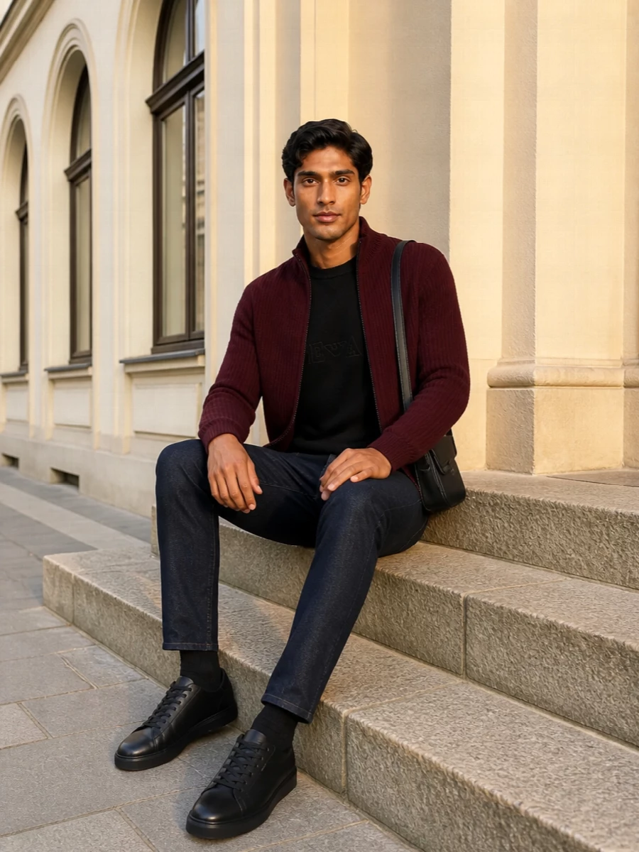 Emporio armani burgundy jacket dark jeans outfit