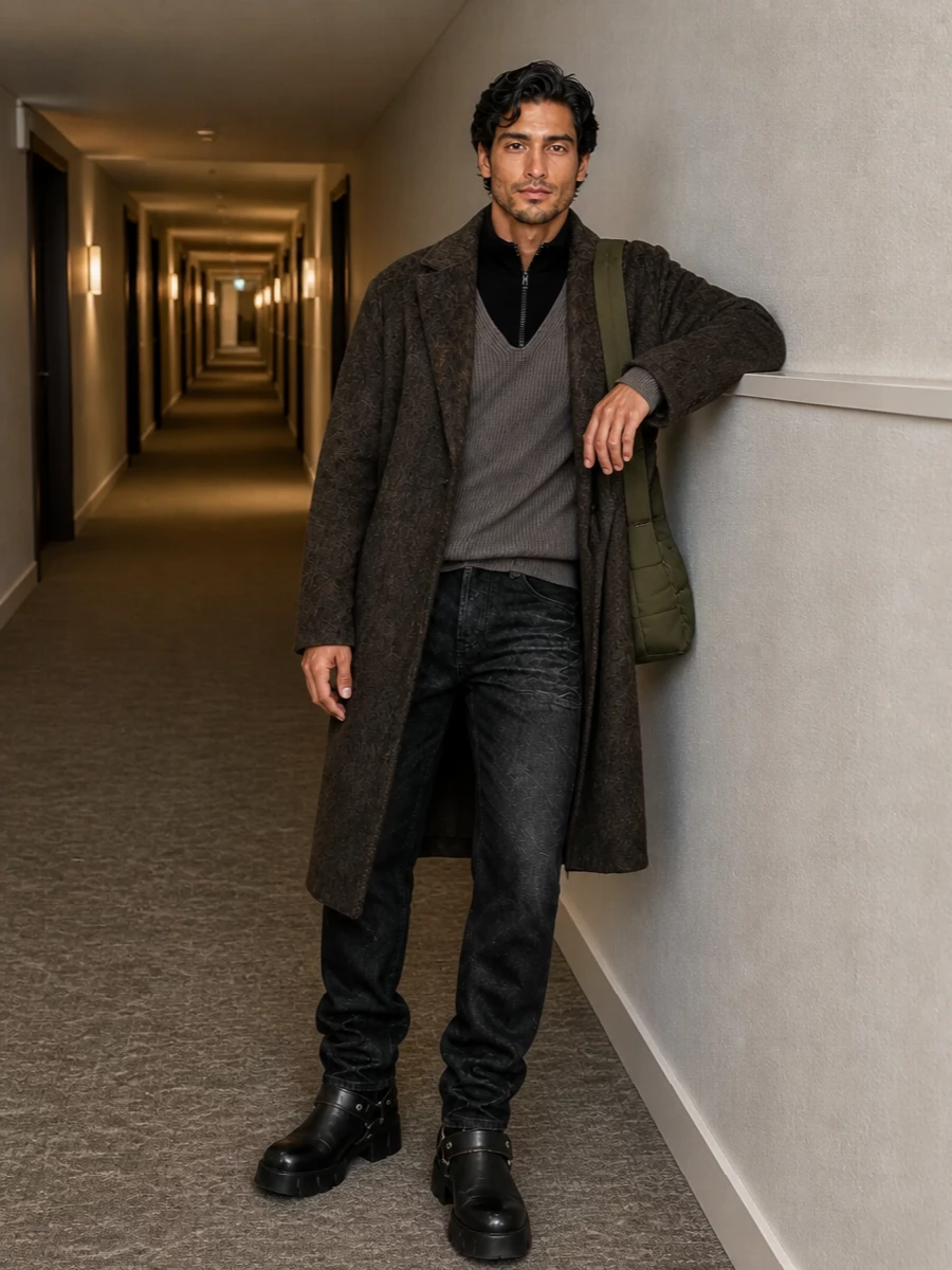 Diesel winter coat black jeans combat boots
