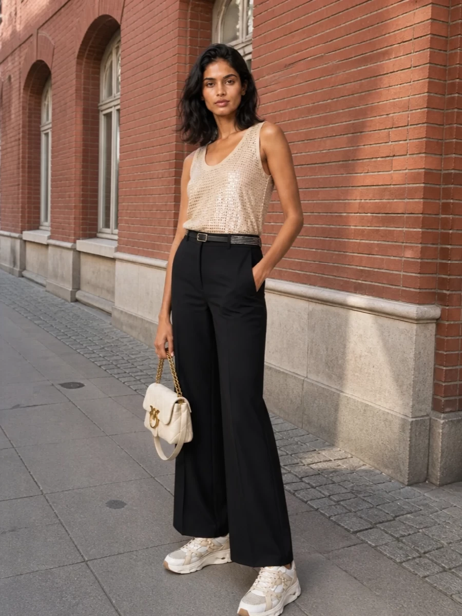 Pinko sequin camisole black wide leg trousers outfit