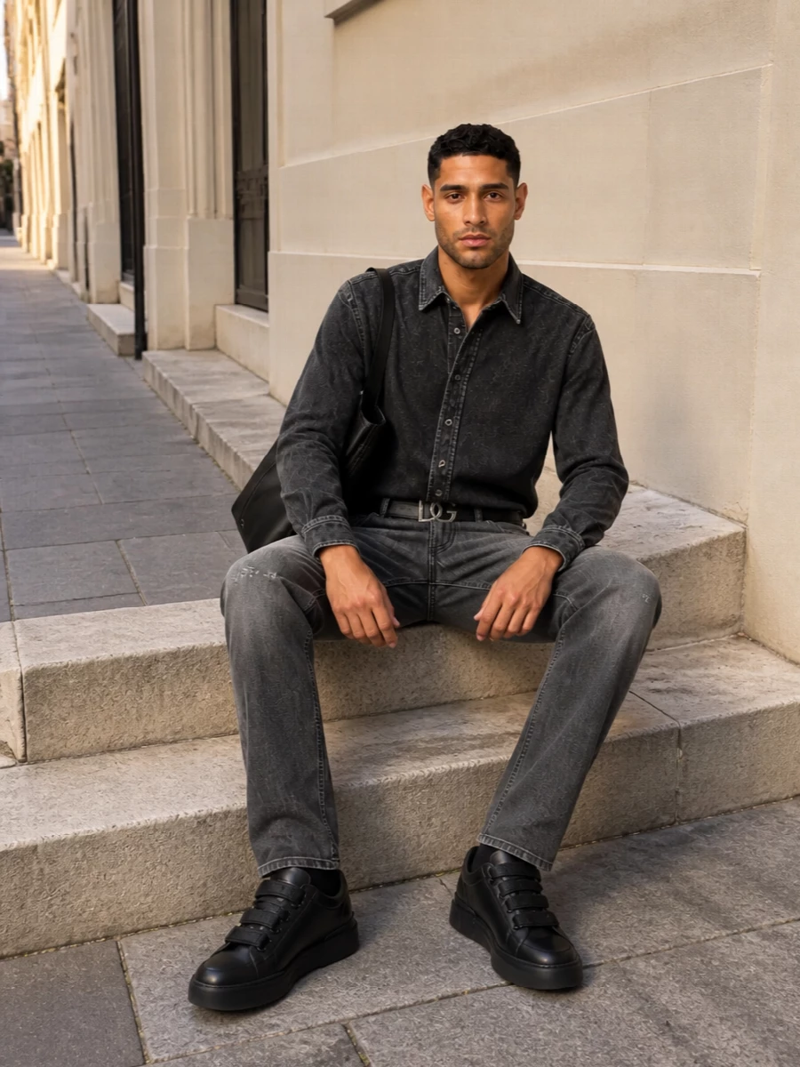 Dolce gabbana grey jeans black denim shirt outfit