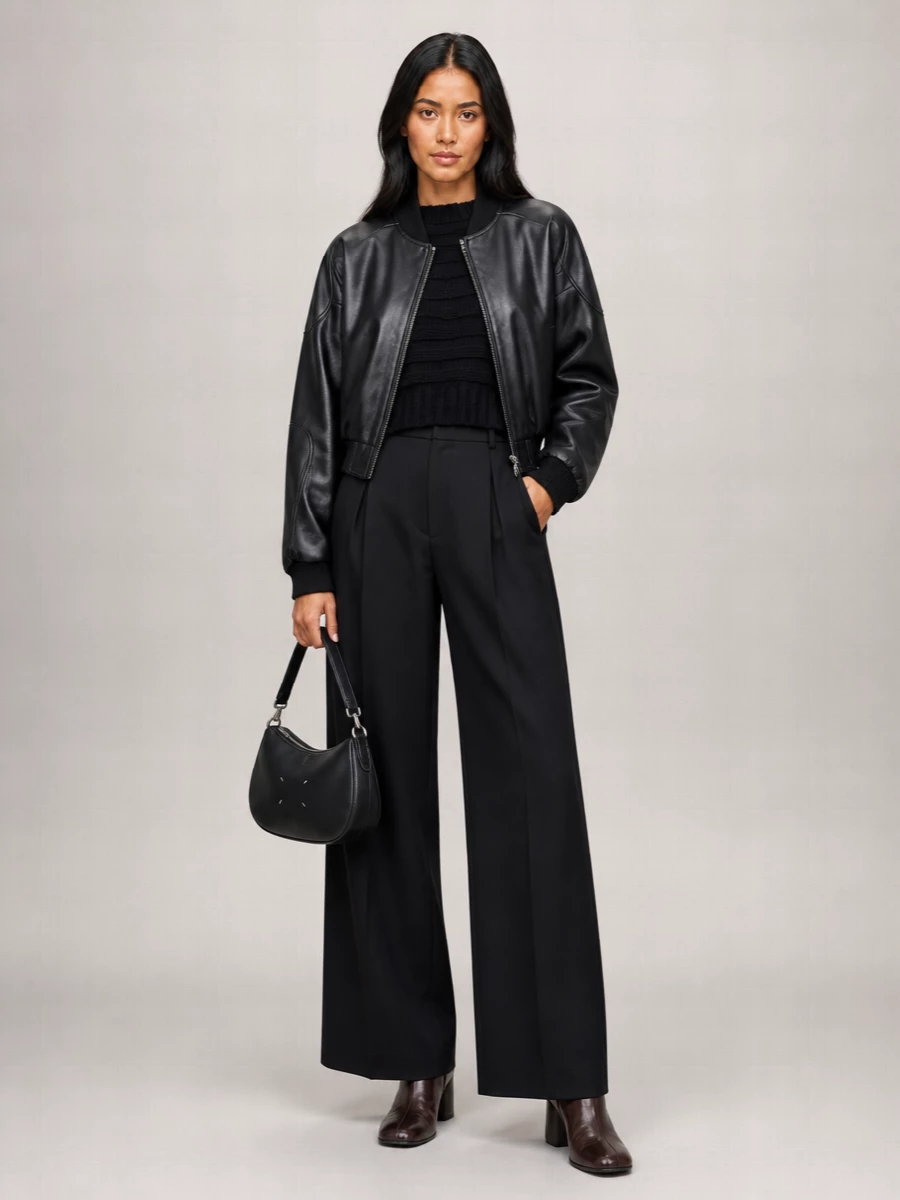 Mm6 Maison Margiela Faux Leather Ribbed Trim Cropped Bomber Jacket