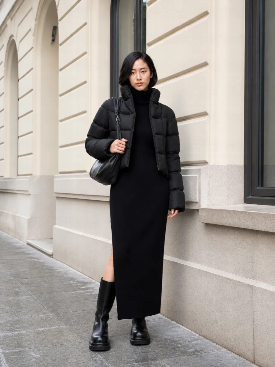 Rick owens puffer black ribbed maxi dress outfit